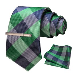 RBOCOTT Navy Green Plaid Tie and Pocket Square with Tie Clip Sets for Men Business Necktie（45）