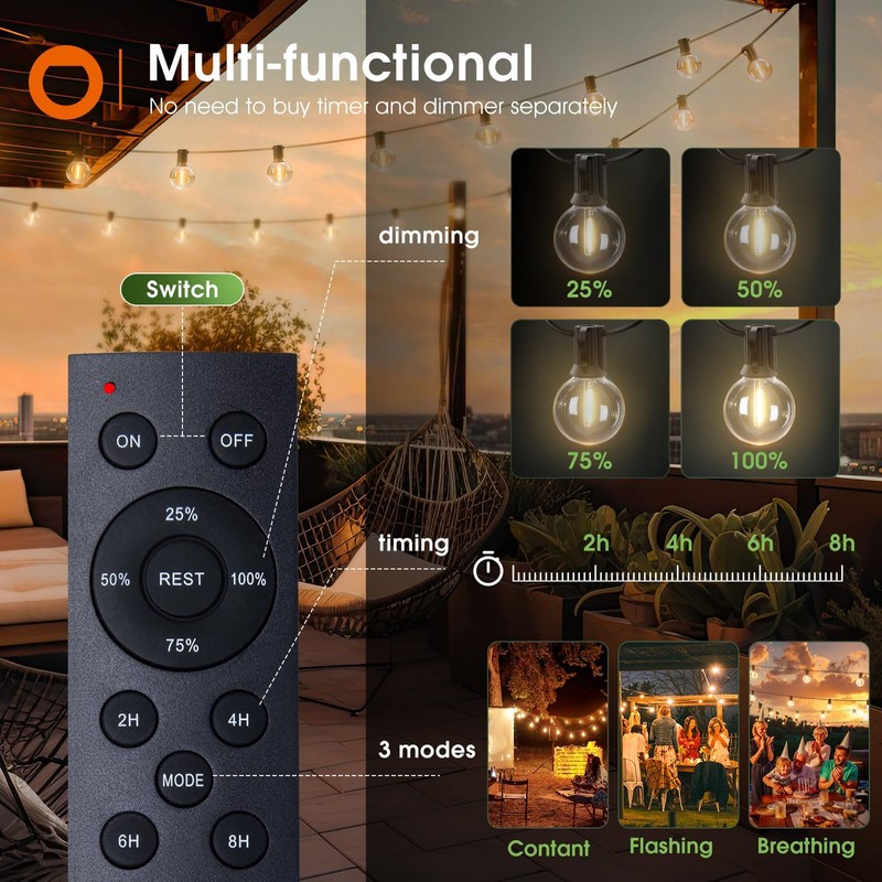addlon 25FT Solar Powered Outdoor String Lights Waterproof with Remote,