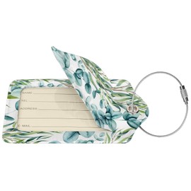Green Eucalyptus Leaves Florals Luggage Tags 2 Pack Leather Travel Suitcase Tag with Privacy Cover ID Label & Durable Steel Loop for Women Men
