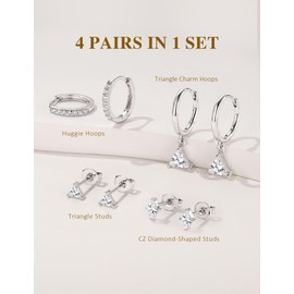4 Pairs Silver Plated Earrings Set for Women, Triangle CZ Charm Huggie Hoops, Dainty Stud and Hoop Earrings, Hypoallergenic Lightweight Jewelry for Sensitive Ears, Everyday Gifts for Lady