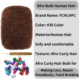 Afro Kinky Curly Hair Afro Kinky 100% Bulk Natural Human Hair Braiding Hair for Dreadlocks, Locs Repair, Dreadlock Extensions, Twists, Braids 30g 8inch (Auburn)