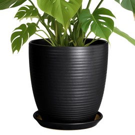 EPFamily Ceramic Plant Pot 10 Inch - Large Planter Pots for Plants Indoor Outdoor Glazed Round Flower Pot with Drainage Hole and Saucer Black