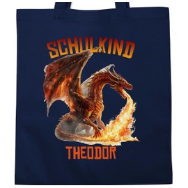Geschenk mit Namen personalisiert by Shirtracer - Cotton Bag - Gym Bag - School Child Fire Dragon with Name | First Day of School Gift Dragon | Gift for School Dragon Motif, 5 Navy Blue