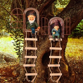 Thyle 4 Pieces Garden Gnomes Outdoor Tree Hugger Gnome Fairy Statue Elf Out The Door Resin Figurine Hanging Ladder Decoration Tree Faces Decor Outdoor for Patio Yard Lawn