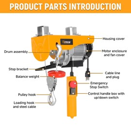 Hoteche 550lb Electric Hoist - 560W Power Lifting Winch with 39ft 3mm Wire Rope - for Garage, Workshop, Construction & Industrial Use