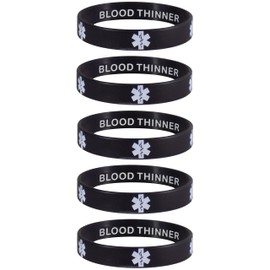 Blood THINNER Medical Alert ID Privacy Enhanced Silicone Bracelets Black 5 Pack