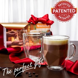 Double Walled Glass Coffee Mugs - Set of 2-12 oz Insulated Coffee Mugs - Geometric Modern Novelty Design Clear Glass Coffee Mugs ideal for Latte & Cappuccino