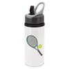 Green and black tennis racket with tennis ball water bottle