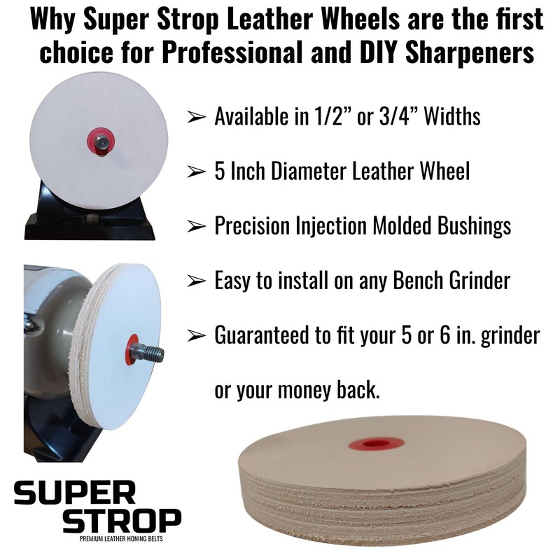 5 in Leather Honing Stropping Wheel fits 1/2", 5/8" and