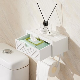 Toilet Paper Holder with Shelf,Toilet Paper Roll Holder with Storage， Adhesive/Screw Wall Mount Paper Holder, Wipes Dispenser for Bathroom, Upgrade Wooden Drawer Design Toilet Tissue Holder(White)