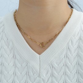 Joacii 14K Gold Plated Birthstone Cubic Zirconia Pendant Paper Clip Chain Necklace for Women with Adjustable Pendant Round Clasp Not Tarnish, Stainless Steel