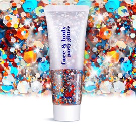 Face Body Glitter - Hair Glitter Sparkles Chunky, Temporary Tattoos Adult, Holographic Face Paint for Singer Concerts Disco Festival Rave, 50ml (Fourth of July Body Glitter)