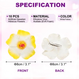 PATIKIL Hawaiian Hibiscus Flowers, 10 Pack Artificial Flowers Hair Clip DIY Foam Hibiscus Flower for Tabletop Decoration Party Favors Supplies, White/Yellow