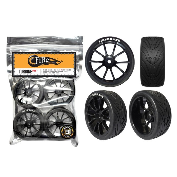 FireBrand RC • Turbine-RT On-Road Race Wheels and FireFang Race Treads, Galaxy Black (Directional, Set of 4 – Pre-Glued) 1:10 Scale RC Wheels
