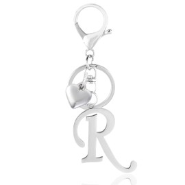 ANHBKAR A-Z Silver Heart Initial Letter Keychain, Stainless Steel Alphabet Charm for Handbags, Gift for Women and Girls (R Silver 02)