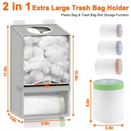 Wall Mount Plastic Bag Holder - Large Grocery Bag Holder for Shopping Bags, 2-in-1 Plastic Bag Organizer with Trash Roll Dispenser for Home Kitchen Closet Cabinets Sink, Gray