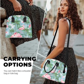 Clastyle Blue Flamingos Large Insulated Lunch Box Bag for Women Adult, Tropical Palms Lightweight Lunch Cooler Bag with Strap for Picnic Work Office