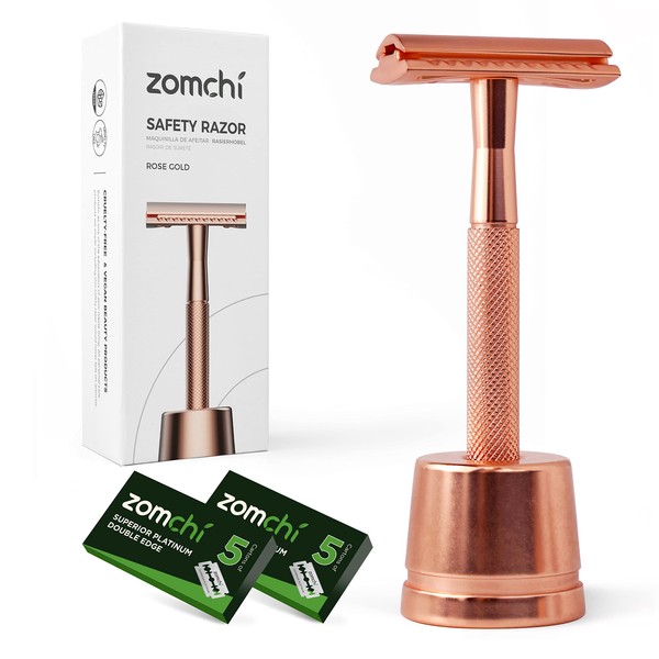 Safety Razor for Women, Men's Single Blade Razor with a Razor Stand with 10 Blades, Double Edge Razor with a Texture Handle, Metal Razor Women, Fits All Double Edge Razor Blades (Rose Gold)