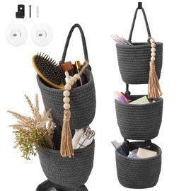 Fabric Wall Hanging Organizers - Small Woven Baskets Pouches Set Boho Style Wall Mounted Bag with Adhesive Hook, Storage Decoration Pocket Caddy for Closet Playroom RV Nursery (Small Gray & Black)
