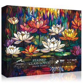 PICKFORU Stained Glass Lotus Puzzles for Adults 1000 Pieces, Floral Art Color Difficult Hard Jigsaw Puzzles, Glass Flower Colorful Themed, Impossible Challenging for Adults