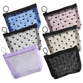 panthra 6 Piece Mini Makeup Bags, Portable Heart Print Mini Mesh Cosmetic Bag for Purse with Zipper, Large Capacity, for Office Travel Organization, 6 Colors (3.54×3.54×1.18in)