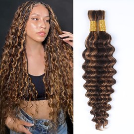 Human Braiding Hair for Boho Braids Highlight Deep Waves Bulk Human Hair for Braiding 40 cm 16 Inches 2 Bundles 100 g P430 Wet and Wavy Brown Bohemian Hair No Weft Extensions
