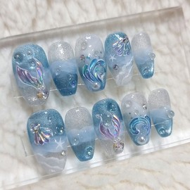 Mermaid Tail Handmade Nail Tips - Short Square / 머메이드 테일 수제네일팁 - 숏스퀘어