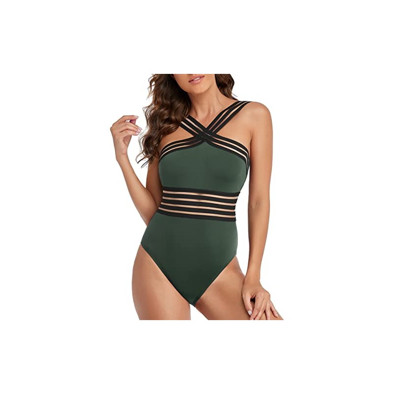 Hilor Women's One Piece Swimwear Front Crossover Swimsuits Hollow Bathing