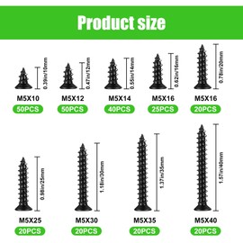 Pack of 265 M5 Self-Tapping Screws, Wood Screws Assortment Set, Tapping Screws Flat Head Screws, Phillips Screws, Furniture Drywall Screws Set for Plastic Wood - Black (265)