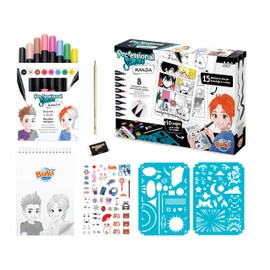 Buki Professional Studio Manga Drawing Kit - Manga Book with 8 Alcohol Based Markers – 25 Detachable Sheets - 15 Colouring Pages & 10 Blank, Pencil, Eraser, Stencils & Stickers, Teen Colouring