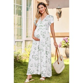 OUGES Maternity Maxi Dress Wrap V Neck Baby Shower Pregnancy Dresses for Photoshoot Summer Maternity Clothes 2025(White Green Floral,XL)