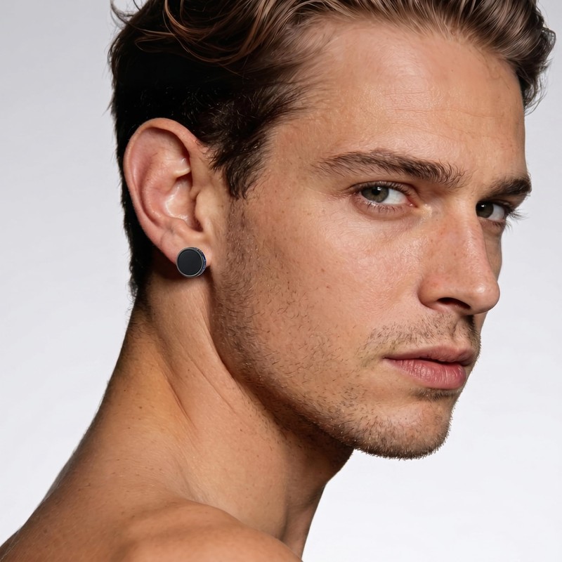Viking Rune Stud Earrings 925 Sterling Silver Natural Black Onyx