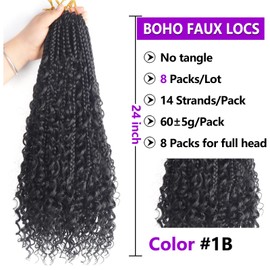 8 Packs 24inch Goddess Box Braids Crochet Hair With Curly Ends Pre Looped Bohomian Boho Crochet Braids Synthetic Braiding Hair Extensions For Women (1B, 24inch)