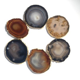 JIC Gem Golden Plated Natural Agate Coasters, 6 pcs Set, 3-4", with Rubber Bumper