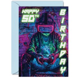 50th Birthday Cards for Men Women - Video Game Gamer - Happy 50 Birthday Card for Brother Sister Uncle Auntie Friend, A5 Fifty Fiftieth Bday Greeting Cards