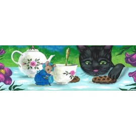 12X4 PRINT OF PAINTING RYTA BLACK CAT TEA MOUSE ART FLOWER party garden folk