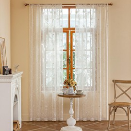 AmHoo 2 Panels Linen Floral Leaf Embroidered Semi Sheer Curtain Farmhouse Voile Curtains for Living Room Bedroom Window Treatment Beige 52 x 84 Inch