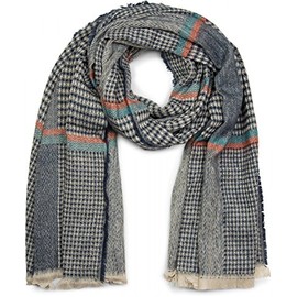 styleBREAKER wide XXL scarf with herringbone plaid pattern, decorative stripes and fringes, knit scarf, unisex 01017027, color:Blue