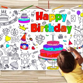JUNQIU Happy Birthday Coloring Tablecloth, 72 * 31Inch Giant Coloring Poster for Kids, Color Paper Roll for Party Activities/Game/Birthday Party Games/Birthday Crafts for Kids