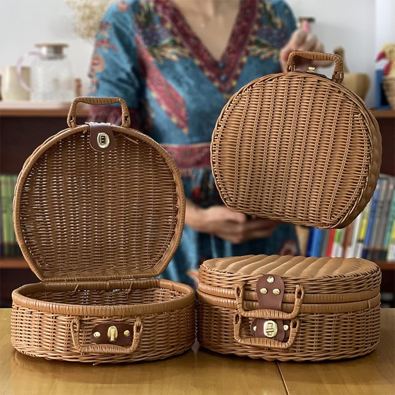 Wicker Storage Basket, Round Vine Weaving Storage Handbag with Hand