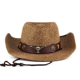 JIAHG Unisex Cowboy Hat Straw Hat Men's Western Hat Summer Hat Sun Hat Straw Panama Hat Pirate Hat Women's Beach Hat Fishing Hat Beach Hat, Coffee brown