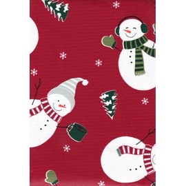 Winter Wonder Lane Vinyl Tablecloth with Flannel Backing, PVC Free PEVA, Winter Christmas Snowman Print with Snowflakes, Reusable Table Cover (52 x 90 Rectangle), Red, White, Green