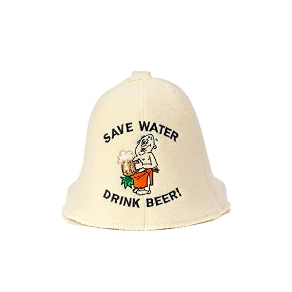 Natural Textile Sauna Hat 'Drink Beer' Bell White - 100% Organic Wool Felt Hats for Russian Banya - Protect Your Head from Heat - English Sauna eBook Guide Included - with Embroidery