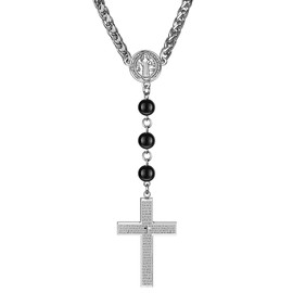 SHIEAGLELD Men's Cross Chain, Cross Chain, Stainless Steel, Silver Christian Necklace with Saint Benedic's Medallion, Necklace Jewellery Gift for Men, Boyfriend, Husband, Father with Gift Box
