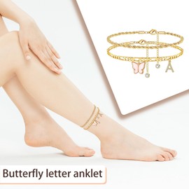 Vanstyle Initial Ankle Bracelets for Women 18K Gold Plated Cuban Layered Twists Anklets Gold Butterfly Initial Anklets Set Gold Jewelry Women's Anklets