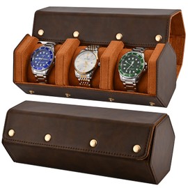 Watch Roll Travel Case for Men and Women- 3 Watch Storage and Organizer-Secure Storage with Innovative Removable Pillows & Solid Dividers for Home Storage, Travel and Display (3 Slot-Hexagon, Brown)