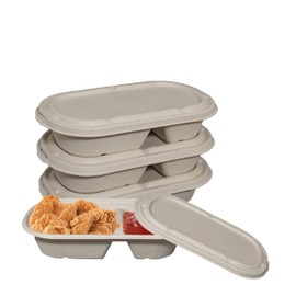 29oz Disposable Bowls with Fiber Lids - 2 Compartment Rectangular Compostable Sugarcane Biodegradable Paper Bowls Eco-Friendly Take Out Food Storage Containers, Microwave Safe, Meal Prep (25 PACK)