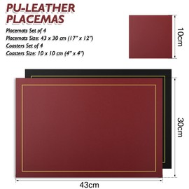 Neween Placemats and Coasters Set of 4, PU leather Heat-Resistant Table Mats Non-Slip Washable Place Table Mats 45x30 cm for Kitchen Dining Table, Home, Restaurant, Hotel (Black Red)