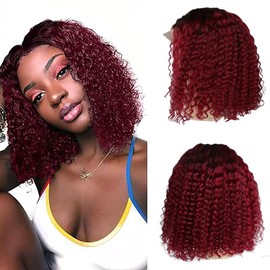 AiPliantfis Curly Wave Human Hair Wig Bob Red 4x4 Real Hair Wig Women's 1B99J Ombre Glueless Human Hair with Natural Hairline Free Part Bleached Knot Brazilian Remy Hair 12 Inches