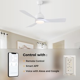 CACI Mall 54" White Smart Ceiling Fan with Lights,Remote Control, 3 ABS Blades,Indoor Outdoor Ceiling Fan Controlled by Alexa/APP, Reversible DC Motor 5265 CFM for Kitchen, Porch, Patio, 5"/10" Rods